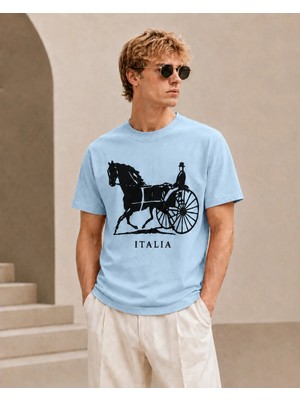 Vodexa Erkek Oversize T-Shirt At Arabası Baskılı %100 Pamuk Tişört Rahat Kalıp