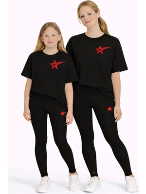 Vodexa Anne Kız Çocuk Kombin Oversize Tişört Twin T-Shirt Kuyruklu Yıldız Baskılı