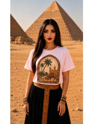 Vodexa Kadın Oversize T-Shirt Piramit Baskılı %100 Pamuk Tişört Rahat Kalıp