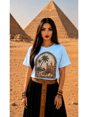 Vodexa Kadın Oversize T-Shirt Piramit Baskılı %100 Pamuk Tişört Rahat Kalıp
