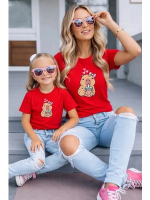 Vodexa Anne Kız Kombin Oversize Tişört Twin T-Shirt %100 Pamuk Rahat Kalıp