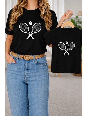 Vodexa Anne Kız Kombin Oversize Raket Baskılı Tişört Twin T-Shirt %100 Pamuk Rahat Kalıp