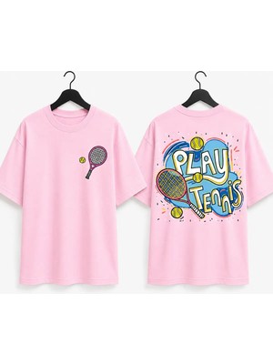 Vodexa Unisex Oversize Tennis Baskılı T-Shirt %100 Pamuk Tenis Temalı Rahat Kalıp Kısa Kollu Tişört
