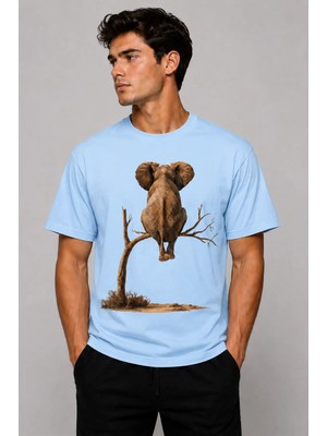 Vodexa Erkek Oversize T-Shirt Agaçtaki Fil Baskılı %100 Pamuk Tişört Rahat Kalıp