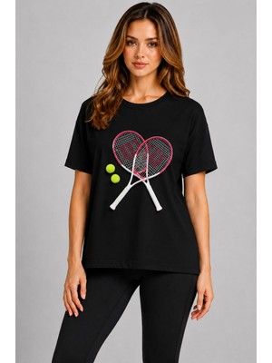 Vodexa Unisex Oversize Tennis Baskılı T-Shirt %100 Pamuk Tenis Temalı Rahat Kalıp Kısa Kollu Tişört
