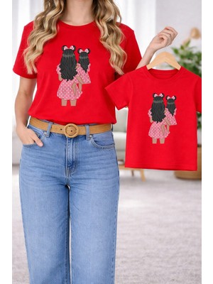 Vodexa Anne Kız Kombin Oversize Tişört Twin T-Shirt %100 Pamuk Rahat Kalıp