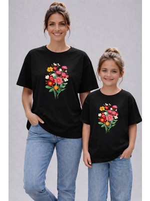 Vodexa Anne Kız Çocuk Kombin Oversize Tişört Twin T-Shirt Demet Çiçek Baskılı (Tekli Satılmaktadır)
