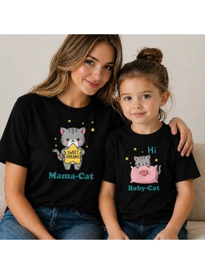 Vodexa Anne Kız Baby Cat Oversize Tişört Twin T-Shirt %100 Pamuk Rahat Kalıp