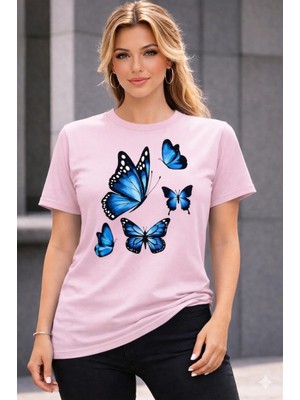 Vodexa Oversize T-Shirt Mavi Kelebekler Baskılı %100 Pamuk Tişört Rahat Kalıp