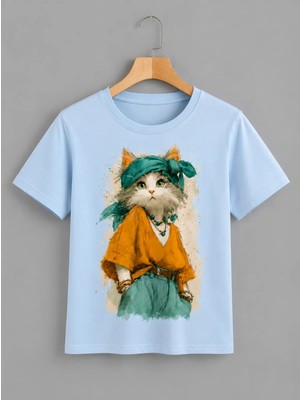 Vodexa Ünisex Oversize T-Shirt Süslü Kedi Baskılı %100 Pamuk Tişört Rahat Kalıp