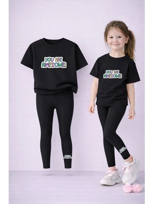 Vodexa Tayt-T-Shirt Takım Anne Kız Kombin %100 Pamuk Esnek Rahat Günlük Spor Kombin