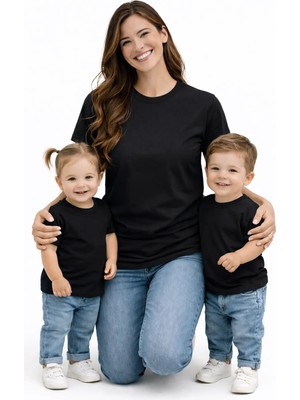 Vodexa Anne Ünisex Çocuk Kombin Oversize Tişört Twin T-Shirt Sade Baskılı Tekli