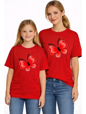 Vodexa Anne Kız Çocuk Kombin Oversize Tişört Twin T-Shirt Kırmızı Kelebek Baskılı