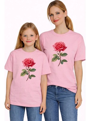Vodexa Anne Kız Çocuk Kombin Oversize Tişört Twin T-Shirt Kırmızı Gül Baskılı