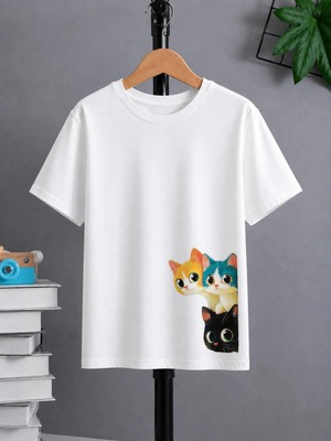 Vodexa Ünisex Oversize T-Shirt Üç Kedi Baskılı %100 Pamuk Tişört Rahat Kalıp