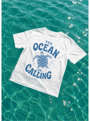 Vodexa Kadın-Erkek Oversize T-Shirt Ocean Baskılı %100 Pamuk Tişört Rahat Kalıp