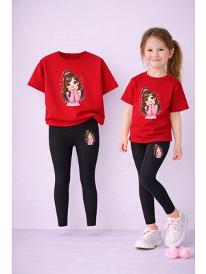 Vodexa Tayt-T-Shirt Takım Anne Kız Kombin %100 Pamuk Esnek Rahat Günlük Spor Kombin