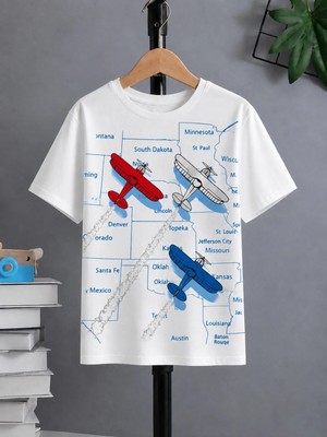 Vodexa Ünisex Oversize T-Shirt Tayyare Baskılı %100 Pamuk Tişört Rahat Kalıp