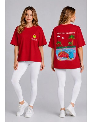 Vodexa Unisex Oversize Tennis Baskılı T-Shirt %100 Pamuk Tenis Temalı Rahat Kalıp Kısa Kollu Tişört