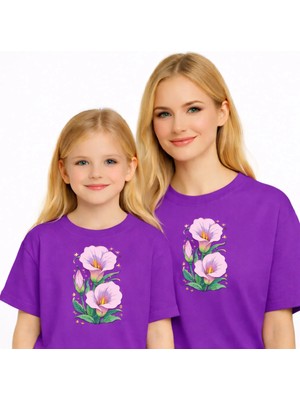 Vodexa Anne Ünisex Çocuk Kombin Oversize Tişört Twin T-Shirt Pembe Zambak Baskılı