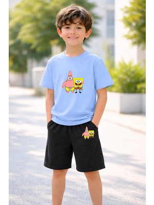 Vodexa Erkek-Kız Çocuk Tişört Şort Takım %100 Pamuk Yazlık Rahat Kalıp Baskılı T-Shirt Çocuk Kombin