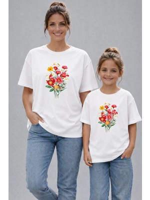 Vodexa Anne Kız Çocuk Kombin Oversize Tişört Twin T-Shirt Demet Çiçek Baskılı (Tekli Satılmaktadır)