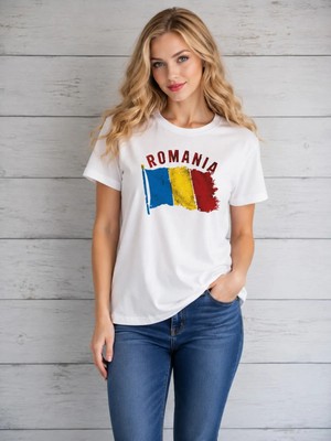 Vodexa Ünisex Oversize T-Shirt Steagul Romaniei Baskılı %100 Pamuk Tişört Rahat Kalıp