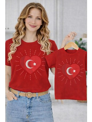 Vodexa Anne Ünisex Çocuk Kombin Oversize Tişört Twin T-Shirt Kalpli Bayrak Baskılı