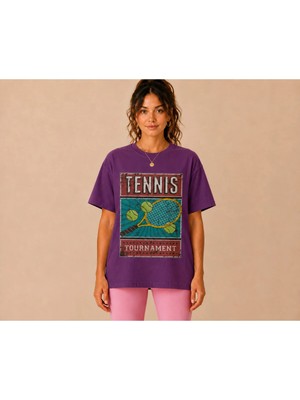Vodexa Unisex Oversize Tennis Baskılı T-Shirt %100 Pamuk Tenis Temalı Rahat Kalıp Kısa Kollu Tişört