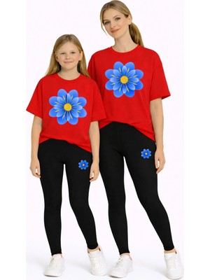 Vodexa Anne Kız Çocuk Kombin Oversize Tişört Twin T-Shirt Mavi Sarı Çiçek Baskılı