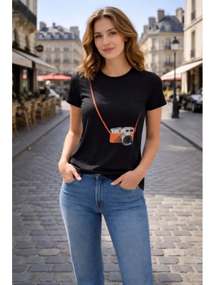 Vodexa Kadın Oversize T-Shirt Fotoraf Makinası Baskılı %100 Pamuk Tişört Rahat Kalıp