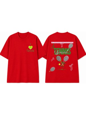 Vodexa Unisex Oversize Tennis Baskılı T-Shirt %100 Pamuk Tenis Temalı Rahat Kalıp Kısa Kollu Tişört