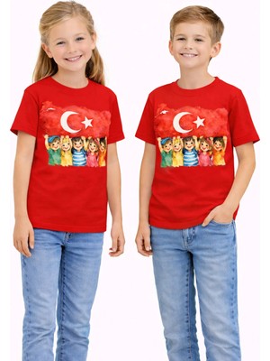 Vodexa Ünisex Çocuk Çoçuklar Baskılı Tişört %100 Pamuk – Kırmızı Unisex Yazlık Çocuk T-Shirt