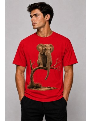 Vodexa Erkek Oversize T-Shirt Oturan Fil Baskılı %100 Pamuk Tişört Rahat Kalıp