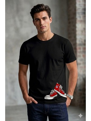 Vodexa Erkek Oversize T-Shirt Çift Ayakkabı Baskılı %100 Pamuk Tişört Rahat Kalıp
