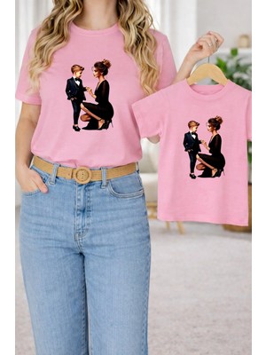 Vodexa Anne Oğul Kombin Oversize Tişört Twin T-Shirt %100 Pamuk Rahat Kalıp