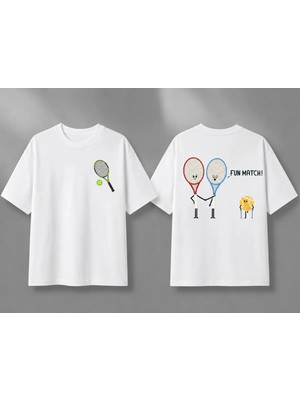 Vodexa Unisex Oversize Tennis Baskılı T-Shirt %100 Pamuk Tenis Temalı Rahat Kalıp Kısa Kollu Tişört