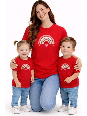 Vodexa Anne Ünisex Çocuk Kombin Oversize Tişört Twin T-Shirt Renkli Çizgiler Baskılı