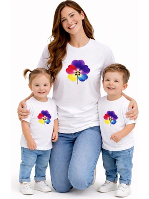 Vodexa Anne Ünisex Çocuk Kombin Oversize Tişört Twin T-Shirt Renkli Çiçek Baskılı