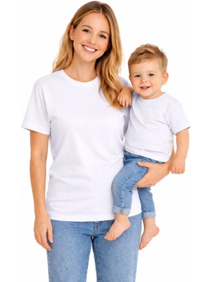 Vodexa Anne Çocuk Kombin Oversize Tişört Twin T-Shirt Tek Renk Baskılı