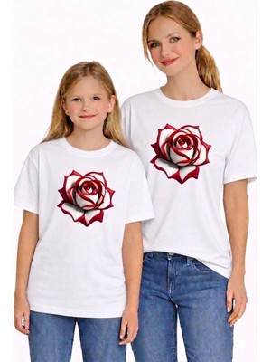 Vodexa Anne Kız Çocuk Kombin Oversize Tişört Twin T-Shirt Beyaz Gül Baskılı