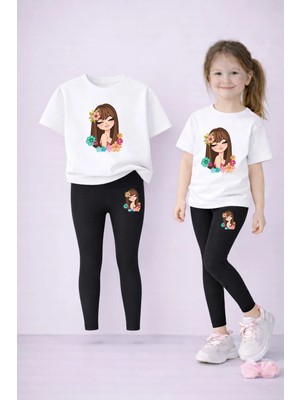 Vodexa Tayt-T-Shirt Takım Anne Kız Kombin %100 Pamuk Esnek Rahat Günlük Spor Kombin