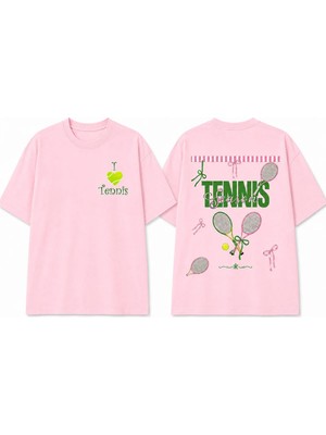 Vodexa Unisex Oversize Tennis Baskılı T-Shirt %100 Pamuk Tenis Temalı Rahat Kalıp Kısa Kollu Tişört