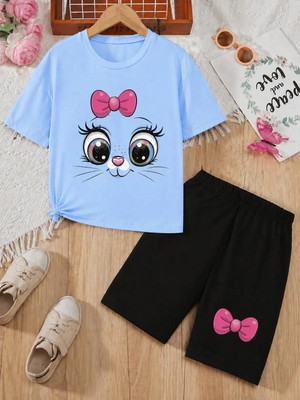 Vodexa Kız Çocuk Tişört ve Şort Takım %100 Pamuk Yazlık Rahat Kalıp Baskılı T-Shirt Çocuk Kombin