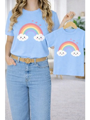 Vodexa Anne Ünisex Çocuk Kombin Oversize Tişört Twin T-Shirt Gülen Bulut Baskılı