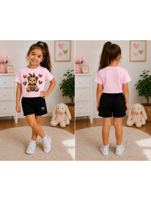 Vodexa Kız Çocuk Tişört ve Şort Takım %100 Pamuk Yazlık Rahat Kalıp Baskılı T-Shirt Çocuk Kombin