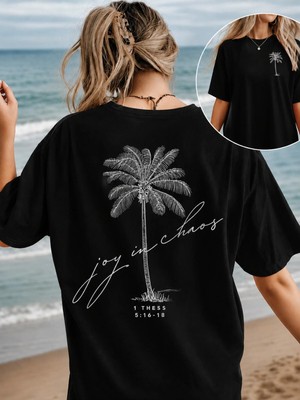 Vodexa Kadın Oversize T-Shirt Palmiya Baskılı %100 Pamuk Tişört Rahat Kalıp