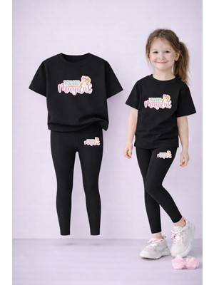 Vodexa Tayt-T-Shirt Takım Anne Kız Kombin %100 Pamuk Esnek Rahat Günlük Spor Kombin