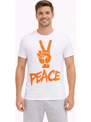 Vodexa Ünisex Oversize T-Shirt Peace Baskılı %100 Pamuk Rahat Kalıp Günlük Tişört