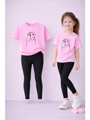 Vodexa Anne Kız Kombin Tayt-T-Shirt Takım %100 Pamuk Baskılı Esnek Rahat Günlük Spor Kombin